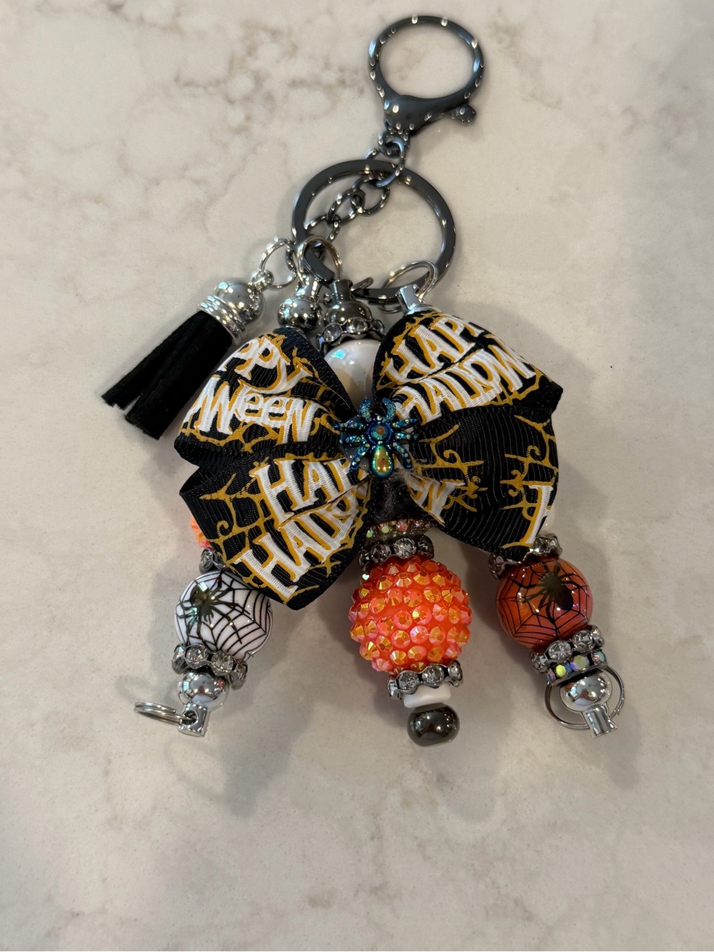 Halloween Black & Orange Beaded Bow Keychain Charm
